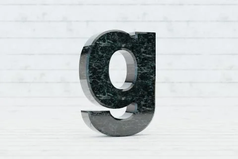 Marble 3d letter G lowercase. Dark green marble letter on white wood background Illustrazione stock