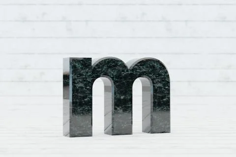 Marble 3d letter M lowercase. Dark green marble letter on white wood background Stock Illustration