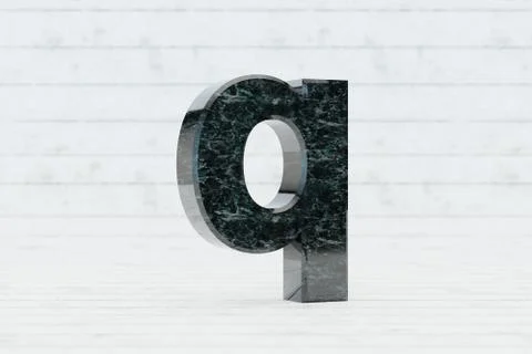 Marble 3d letter Q lowercase. Dark green marble letter on white wood background Иллюстрация