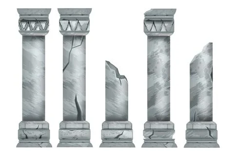 Marble ancient pillar set, isolated vector roman stone column ruin 스톡 일러스트