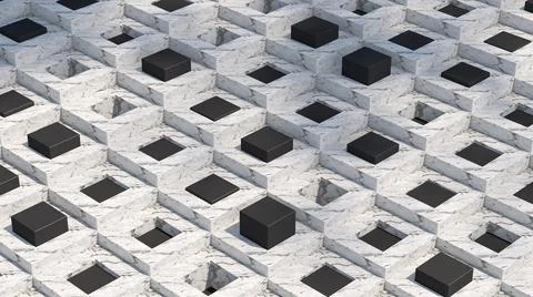 Marble and black cubes. Abstract illustration, 3d render. Illustrazione stock