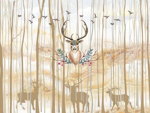 Marble background, contours of trees and deer, birds, the head of a deer Stock Illustration