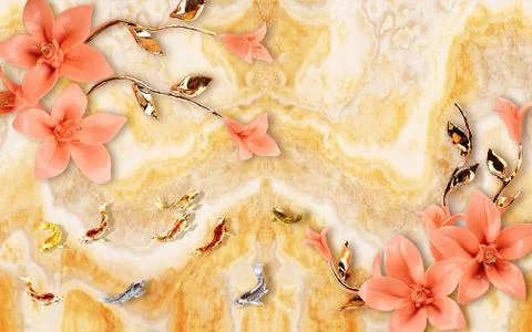 Marble background, gold and silver fish, pink gilded flowers Stock Illustration