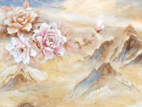 Marble background, mountains, large white, beige and pink flowers Stock Illustration