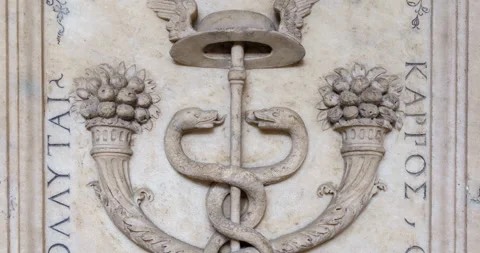 Marble bas-relief reproducing a caduceus, symbol of medicine, eloquence, wisdom Stock Footage 205952538