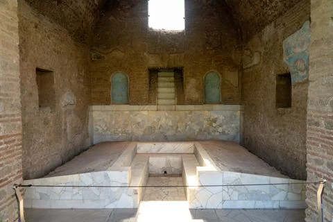 Marble basin inside ancient ruins of Pompeii Stock Photos