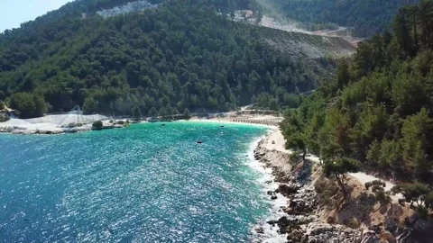 Marble Beach or Saliara Beach ,in Thassos Island , Greece , aerial drone footage Stock-Footage 256794359
