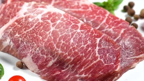 Marble beef raw meat isolated on white background. Prime fillet meat Stock Footage 335359663