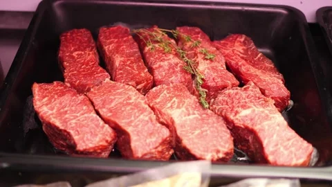 Marble beef.Juicy raw beef steak.The concept of fresh and natural products Video stock 143294024