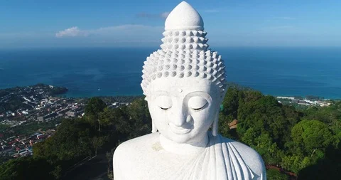 Marble Big Buddha Statue Temple. Close Up Aerial View. Phuket Stock Footage 100543454