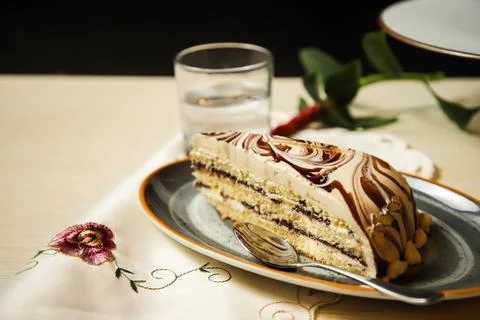 Marble Cake slice include chocolate, cream, sugar with knife served in dish.. Stock Photos