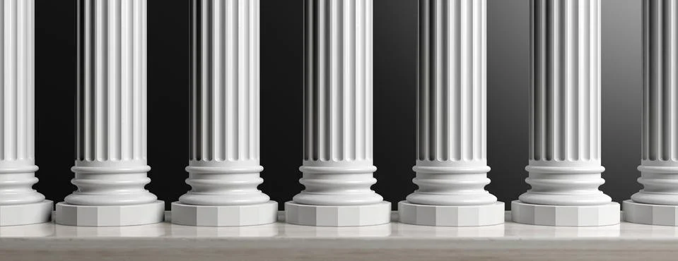 Marble classical pillars row on black background. 3d illustration Illustrazione stock