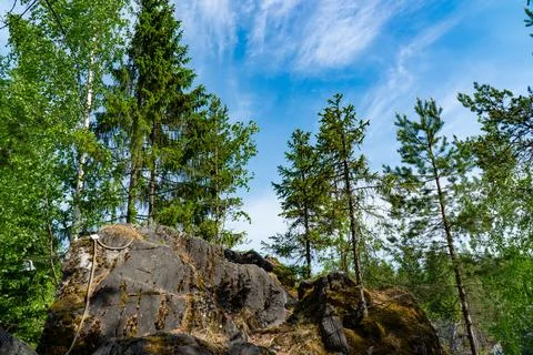 Marble Cliff and Pine Trees under Blue Sky in Karelia Stock Photos
