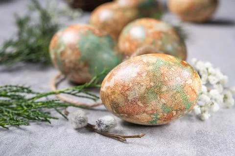 Marble color decoration Easter eggs with flowers Stock Photos
