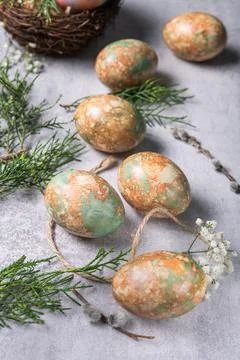 Marble color decoration Easter eggs with flowers Stock Photos