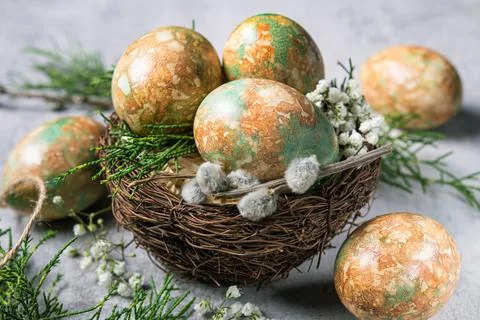 Marble color decoration Easter eggs with flowers Stock Photos