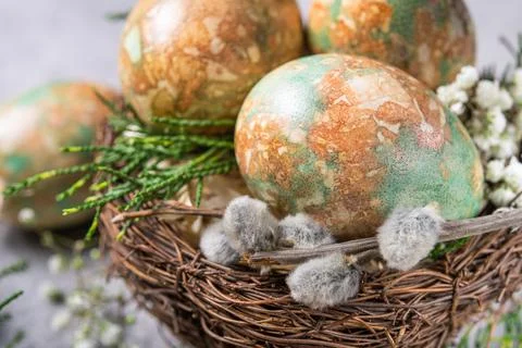 Marble color decoration Easter eggs with flowers Stock Photos
