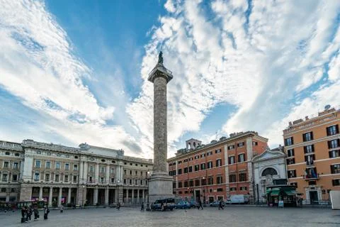 Marble Column of Marcus Aurelius in Piazza Colonna square in Rome, Italy Stock Photos