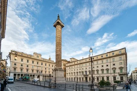 Marble Column of Marcus Aurelius in Piazza Colonna square in Rome, Italy Stock Photos