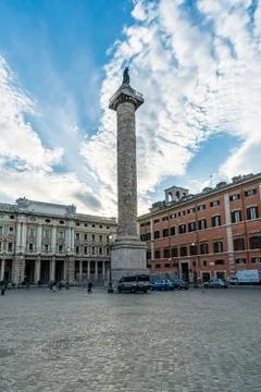 Marble Column of Marcus Aurelius in Piazza Colonna square in Rome, Italy Stock Photos