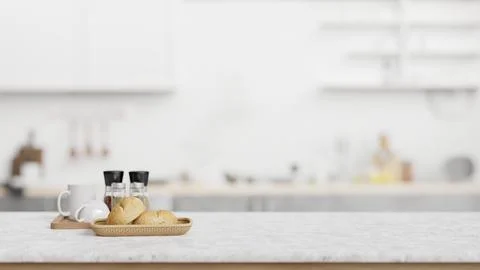 Marble counter top with blurred background of a minimal white kitchen. Stock Illustration