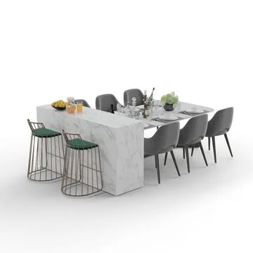 A marble dining table with four chairs and a large bar Illustration