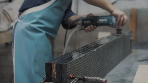 Marble Engraver use electric tools for polishing stone plate, uses water to cool 스톡 동영상 99039007