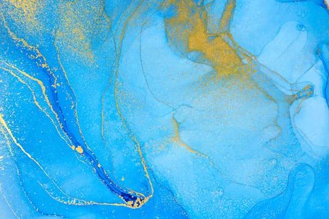 Marble Gradient Light Blue and Gold Veins Artwork Background. Stock Illustration