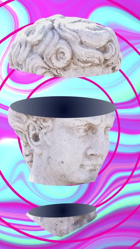 Marble head sculpture split into three parts over colorful abstract animation 스톡 동영상 343824399