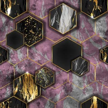 Marble hexagon seamless pattern, black gold honeycomb abstract background Stock Illustration