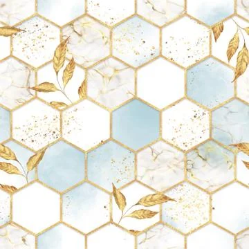 Marble hexagon seamless pattern with golden leaves Stock Illustration
