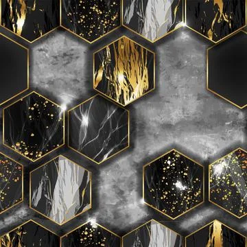 Marble hexagon seamless pattern, stone tile texture, black gold honeycomb Stockillustratie