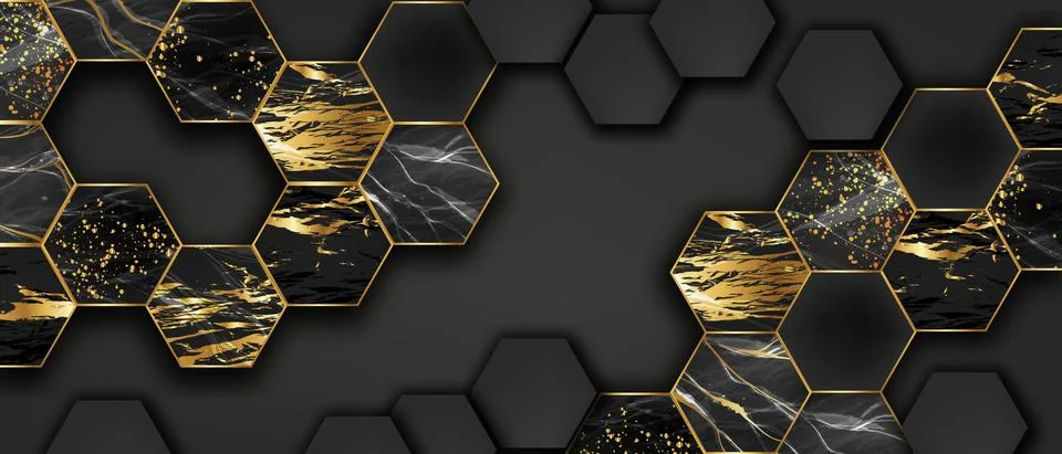 Marble hexagon tile background, vector black gold geometric pattern Stock Illustration