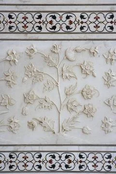 Marble inlay work of interlocking and lower walls sculpted realistic bas r... Stock Photos