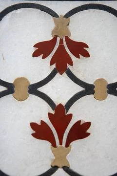 Marble inlay work of interlocking designs on wall of Taj Mahal Seventh Wond.. 스톡 사진