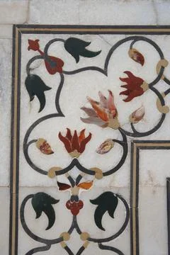 Marble inlay work of interlocking designs on wall of Taj Mahal Seventh Wond.. Stock Photos