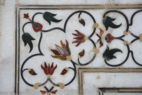 Marble inlay work of interlocking designs on wall of Taj Mahal Seventh Wond.. Stock Photos