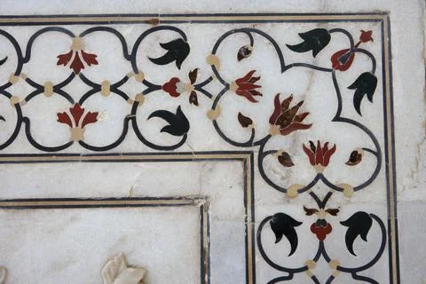 Marble inlay work of interlocking designs on wall of Taj Mahal Seventh Wond.. Stock Photos