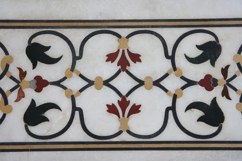 Marble inlay work of interlocking designs on wall of Taj Mahal Seventh Wond.. Stock Photos