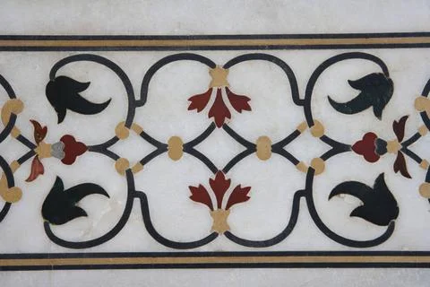 Marble inlay work of interlocking designs on wall of Taj Mahal Seventh Won... Stock Photos