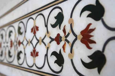 Marble inlay work of interlocking designs on wall of Taj Mahal Seventh Won... Stock Photos