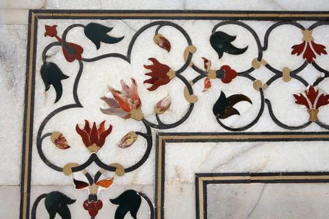 Marble inlay work of interlocking designs on wall of Taj Mahal Seventh Won... Stock Photos
