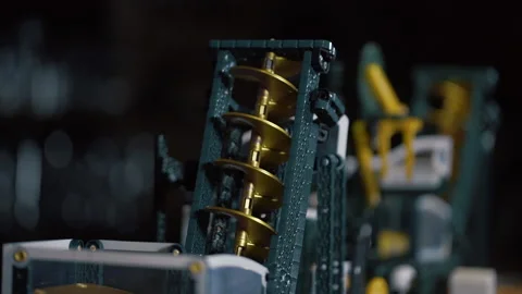 Marble machine close up. rolling on the plastic path, construction Stock Footage 219256643