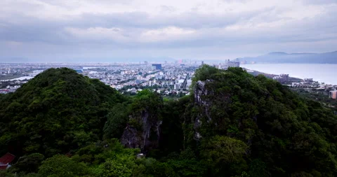 Marble Mountain iconic landmark in Da Nang coastal city of Vietnam, aerial Stock Footage 282426579