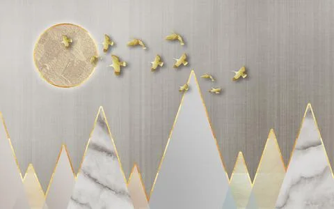 Marble mountains, full moon, beige flock of birds Stock Illustration