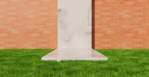 Marble podium with brick background on grass Stock Photos