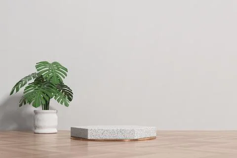 Marble podium for product display showcase with monstera pot decoration 3d .. Stock Illustration