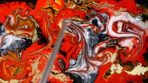 Marble psychedelic movement. Red and gold marbled pattern making. Fluid art Stock Footage 104028210
