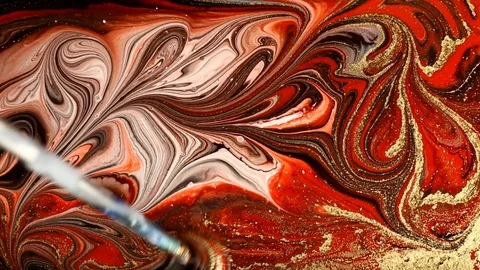 Marble psychedelic movement. Red and gold marbled pattern making. Fluid art Stock Footage 104123938
