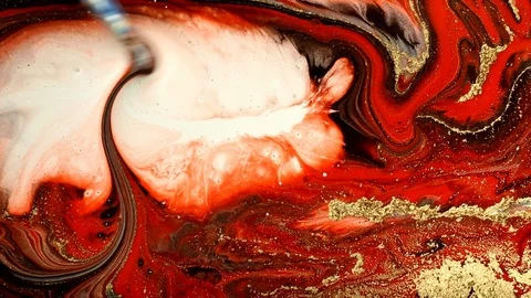 Marble psychedelic movement. Red and gold marbled pattern making. Fluid art Stock Footage 104124007